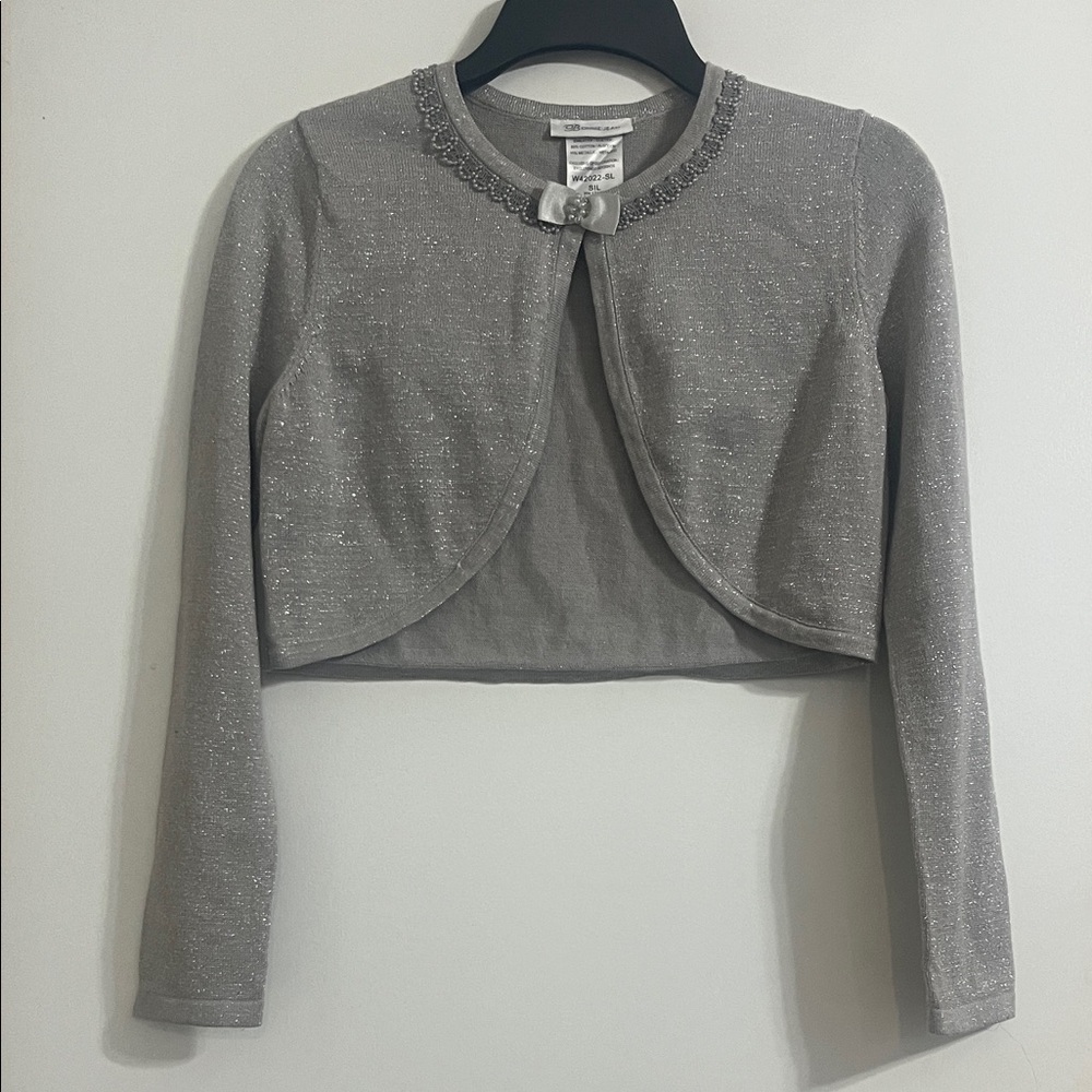 Bonnie Jean Girls Silver Glitter Cardigan Sweater with Bow Snap Closure Size L